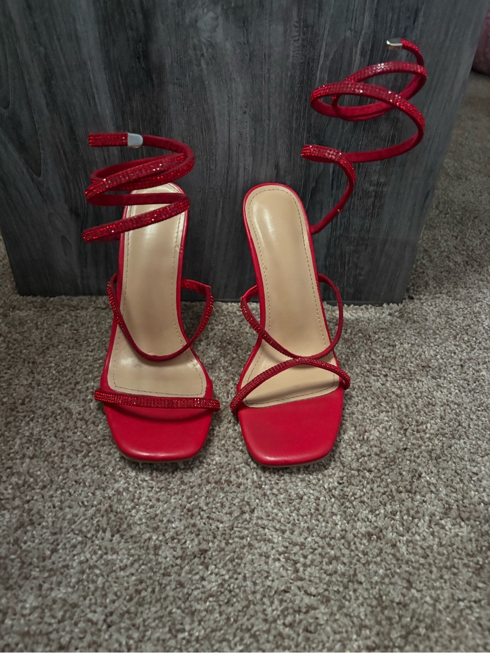Fashion Nova Red Spiral Wrap Heeled Sandals